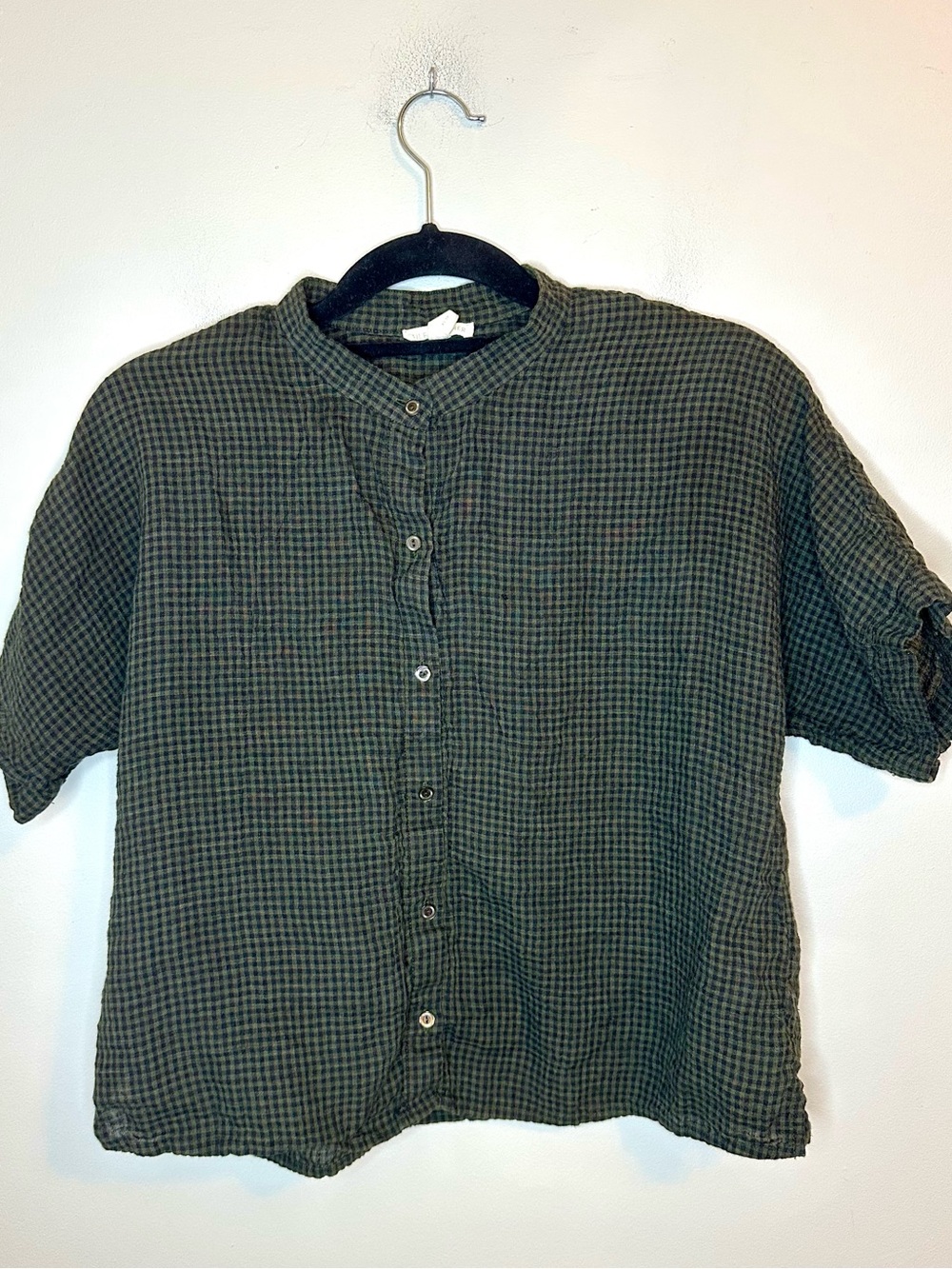 Eileen Fisher XS Puckered Organic Linen Check Button Up Shirt Green Black